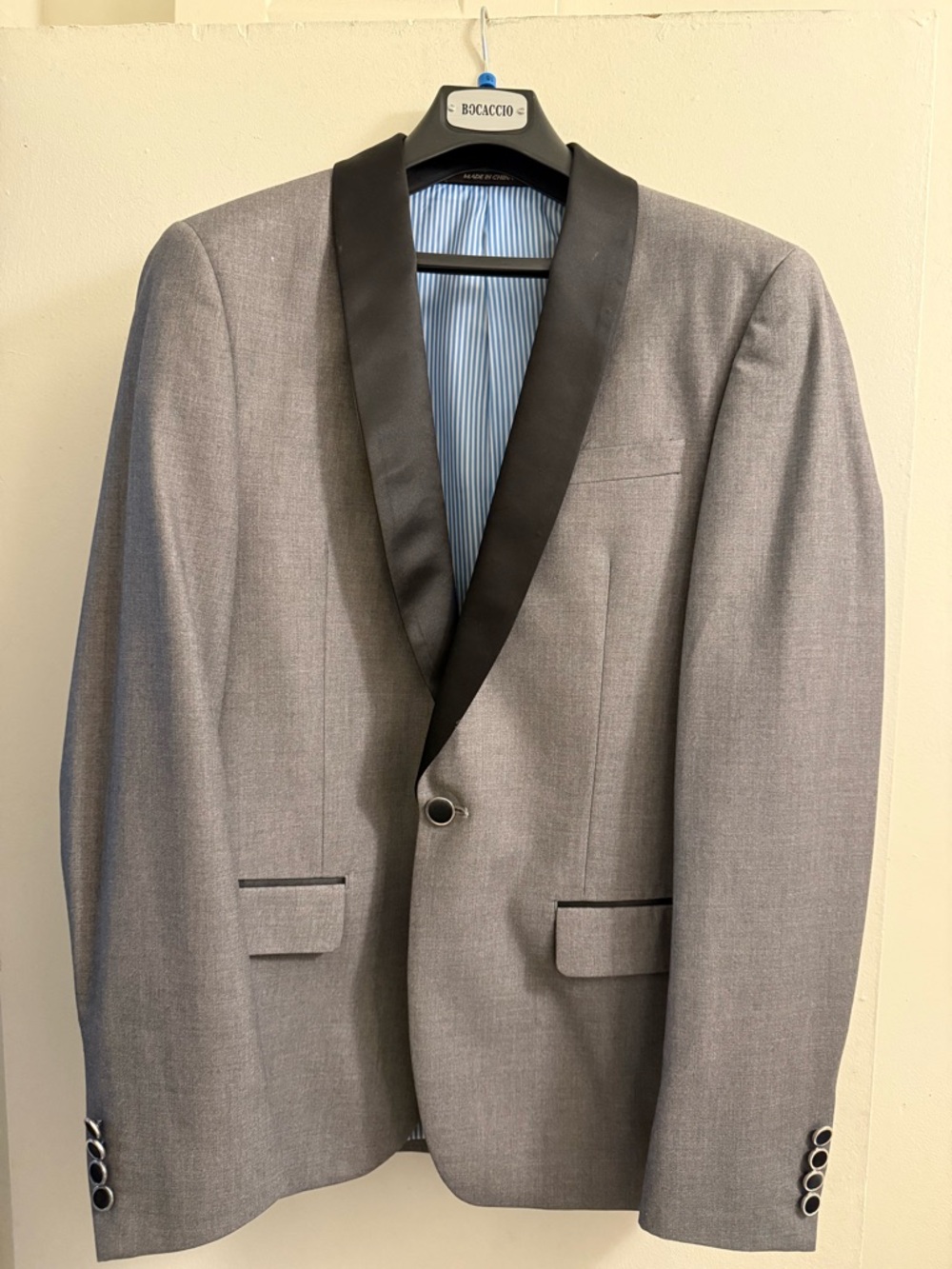 Men's Gray Tuxedo Blazer with Black Satin Shawl Lapel